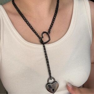 18K Black Rhodium Heart O-Ring Slip Chain Punk Rock Gothic Cuban Chain Necklace
